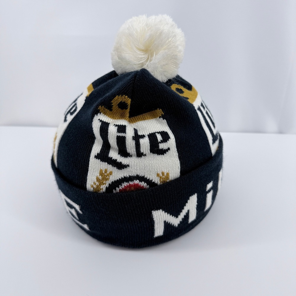 Miller Lite Beanie Mens OSFM Navy Blue Acrylic Pom Pom Knit Beer Graphic Hat - Picture 3 of 12